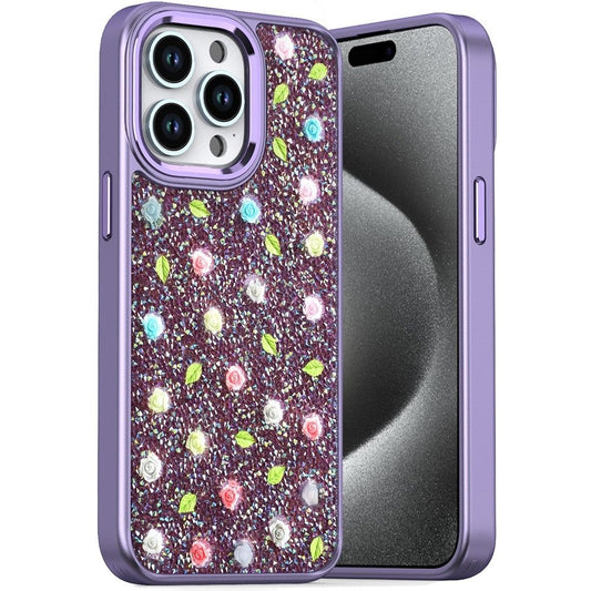 For Apple iPhone 16 Pro (6.3") Floral Design Embedded Glass Diamond Fancy Fashion Glitter Bling Sparkly Hybrid Rugged TPU Bumper Case Cover
