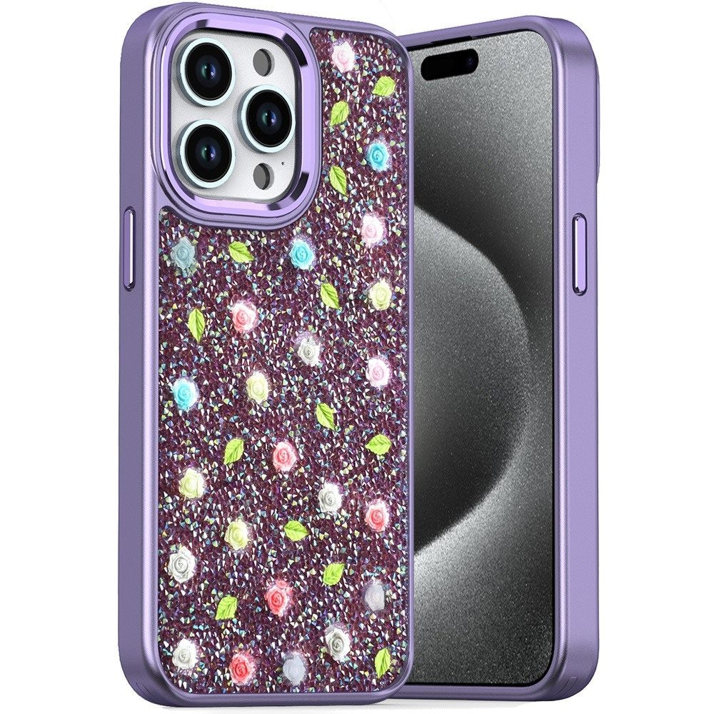For Apple iPhone 13 Pro Max Floral Design Embedded Glass Diamond Fancy Fashion Glitter Bling Sparkly Hybrid Rugged TPU Bumper Case Cover