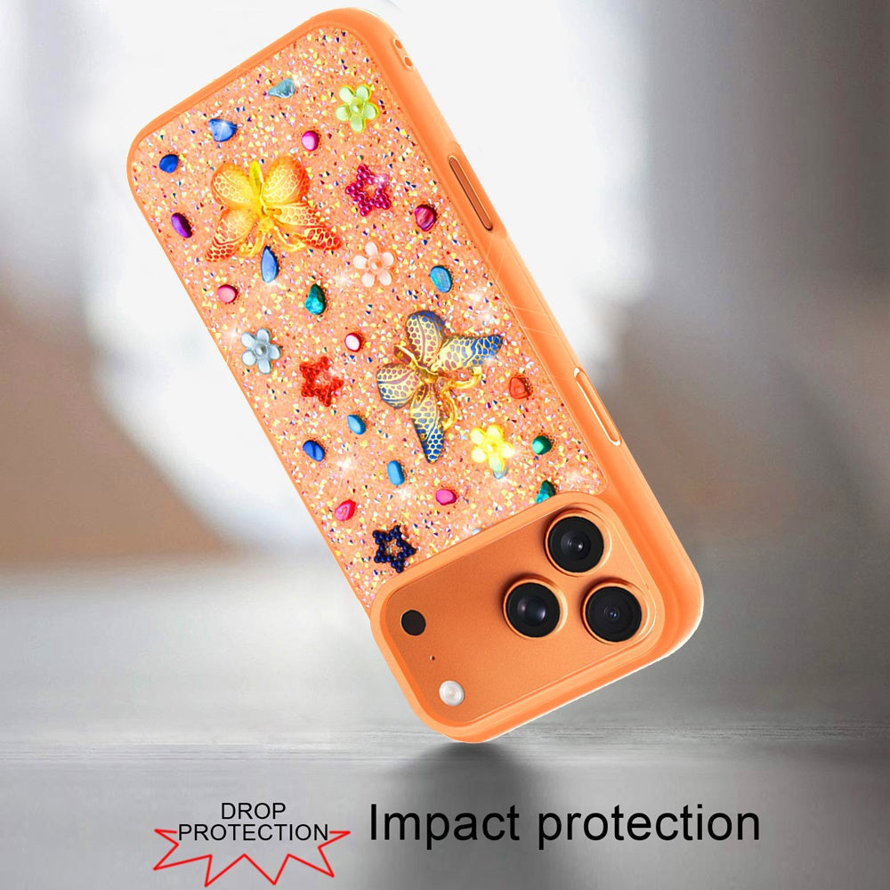 Phone Case for Apple iPhone 17 Pro Max (6.9") 3D Butterfly Diamond Bling Glitter Shockproof Stylish Protective Luxury Hybrid Sparkly Durable Grip Design Cover Cosmic Orange