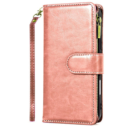 For Samsung Galaxy S25+ /S25 Plus /S24+ Plus Leather Wallet Case with Zipper, 9 Card Slots, Cash Pocket, Stand & Strap, Clutch Pouch Design Case Cover Rose Gold