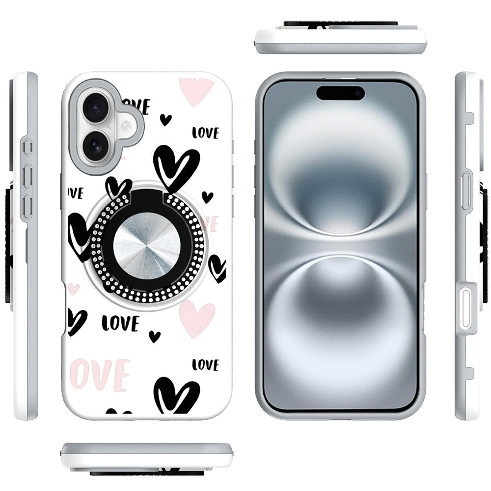 For Apple iPhone 16 (6.1") Pattern Design Hybrid with Invisible Ring Stand & Magnetic Back, Shockproof Protective Grip Case Cover