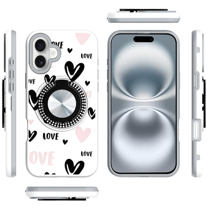 For Apple iPhone 16 (6.1") Pattern Design Hybrid with Invisible Ring Stand & Magnetic Back, Shockproof Protective Grip Case Cover
