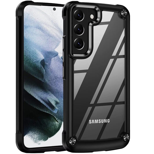 For Samsung Galaxy S21+ Plus Hybrid Transparent Rubber with Metal Buttons & Camera Edges Hard TPU Corner Frame Bumper Case Cover Black