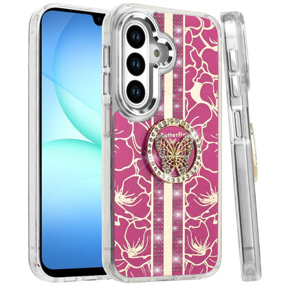 For Samsung Galaxy A17 5G Diamonds 3D Butterfly Floral Design Bling Sparkly Glitter Hybrid Metal Fashion with Ring Stand Case Cover