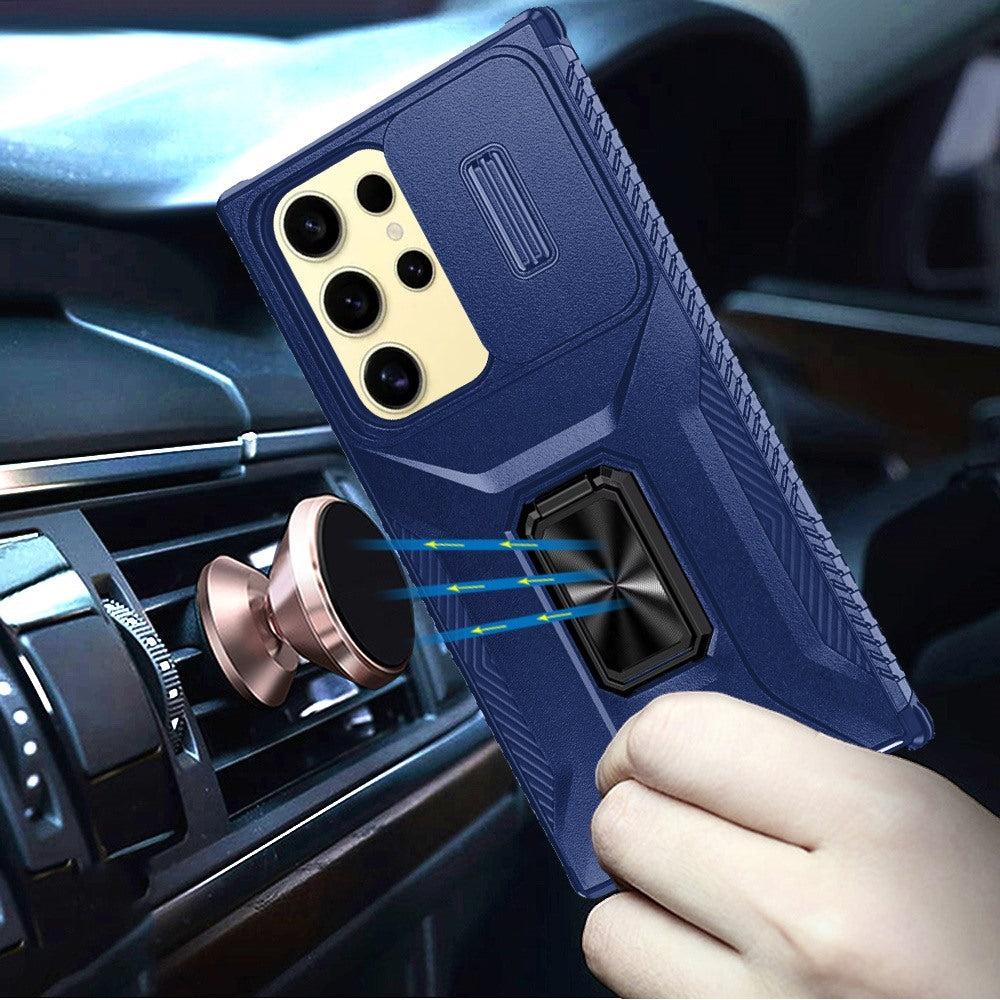 For Samsung Galaxy S23 Ultra Camera Cover Phone Case with Magnetic Rotation Ring Stand [Military Grade] Hybrid Hard TPU Shockproof Case Cover Blue