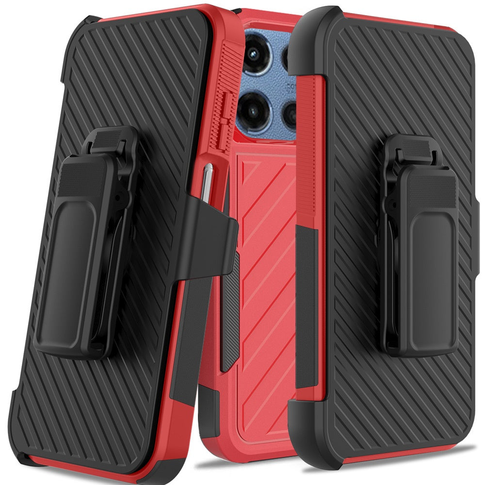 For Motorola Moto G Stylus 5G 2025 Rugged 2in1 Armor Combo Belt Clip Holster, Non-Slip Tough Hybrid lined Shockproof Case Case Cover Red