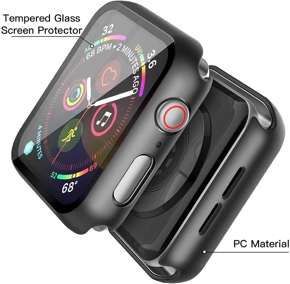 For Apple Watch Size 42mm Hard PC Electroplate Frame Face Full Coverage Protective with Tempered Glass Screen Protector Case Cover Black