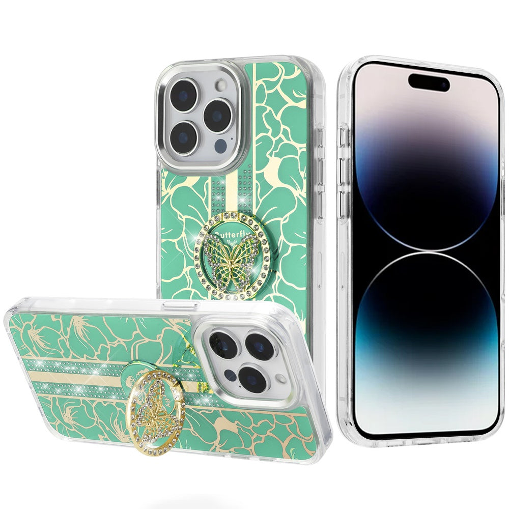 For Motorola Moto G Stylus 5G 2025 Diamonds 3D Butterfly Floral Design Bling Sparkly Glitter Hybrid Metal Fashion with Ring Stand Case Cover