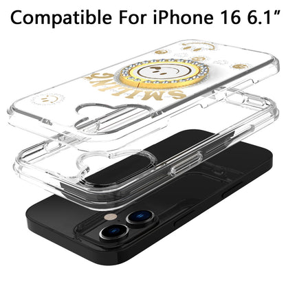 For Apple iPhone 17E /16E Smiling Glitter Bling Ornament Hybrid Shockproof Stylish Sparkle Design Secure Grip Durable Protection Case Cover White
