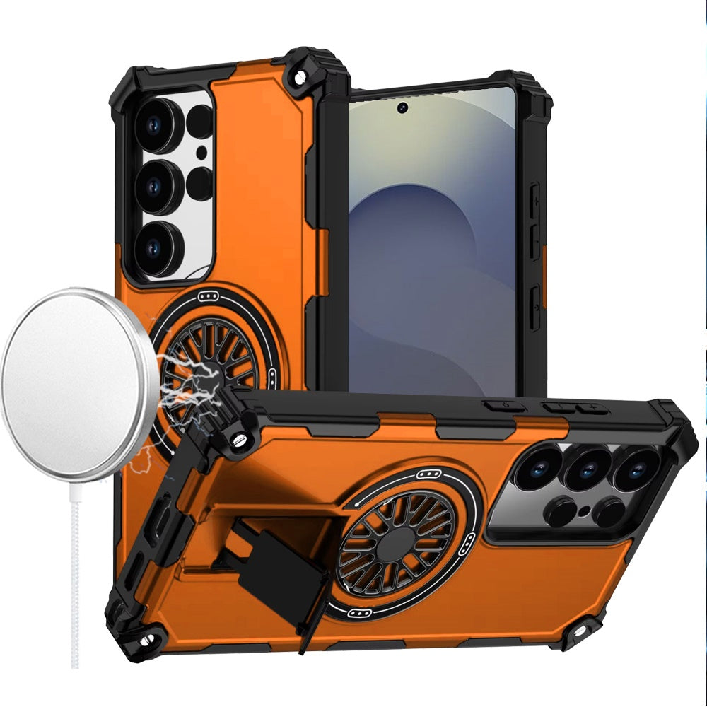 For Samsung Galaxy S25 Ultra Texture Design Invisible Kickstand Case, MagSafe Compatible Hybrid Shockproof Cover, Car Mount Friendly Case Cover Cosmic Orange