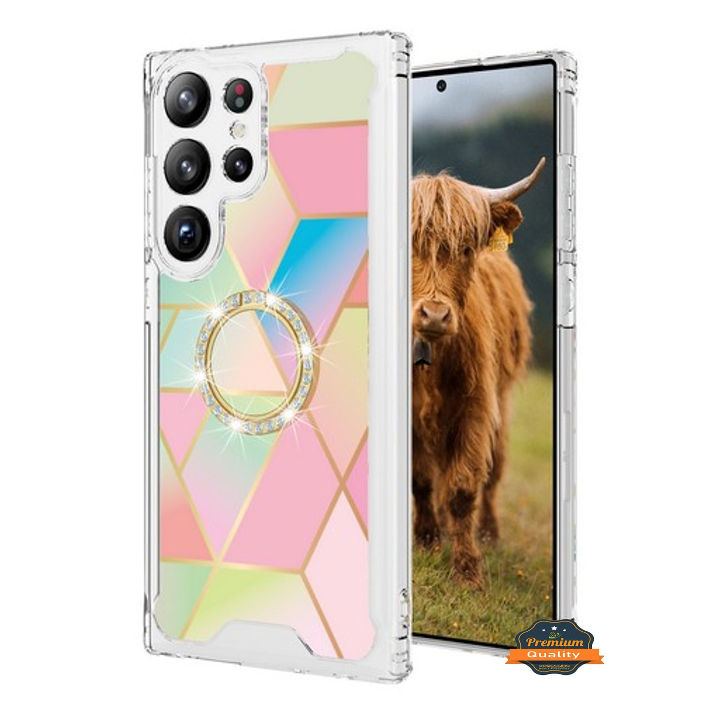 For Samsung Galaxy S25 Ultra Fashion Design Bling Diamond Hybrid Protective Case, Ring Kickstand Hard PC + TPU Case Cover