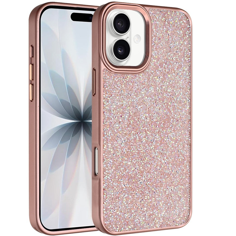 For Apple iPhone 17 (6.3") Crystal Sparkle Diamond Glass Full Mini Glitter Bling Frame TPU Hybrid Protective Case Cover