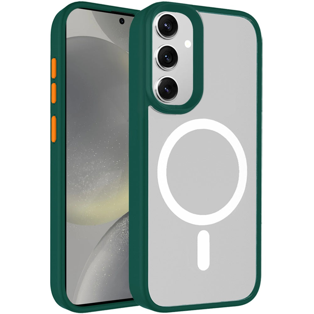 For Samsung Galaxy S24+ Plus Magnetic Circle Hybrid 2mm Shock Protection Durable Grip Color Button Design for Ultra Series Case Cover Midnight Green