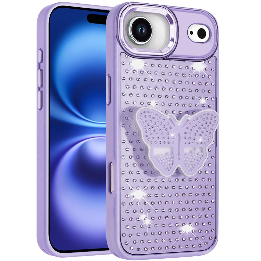 For Apple iPhone 17 Air (6.6") Butterfly Moveable Grip 3D Pop Stand Full Diamond Bling Sparkling TPU Fashion Hybrid Case Cover