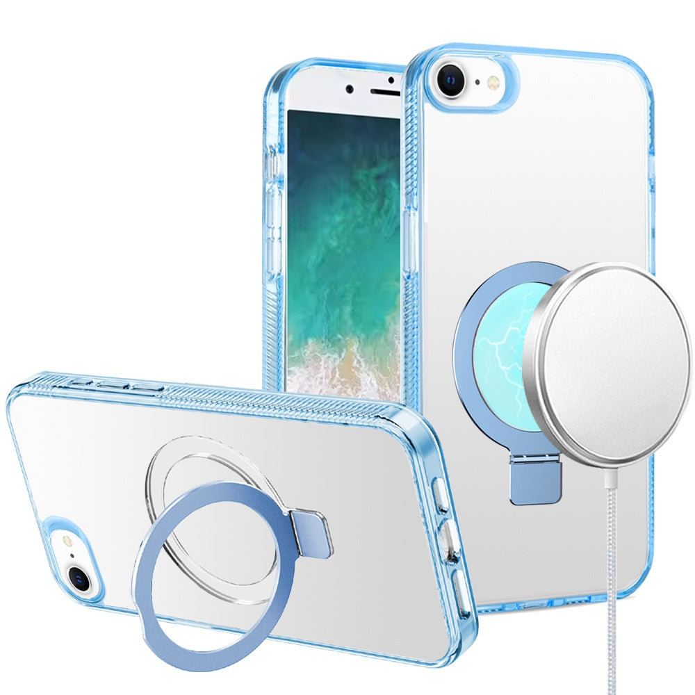 For Apple iPhone 17E /16E Transparent Magnetic Ring Circle Stand with MagSafe Compatible Hybrid Dotted Edged Hard PC Shockproof Case Cover Light Blue