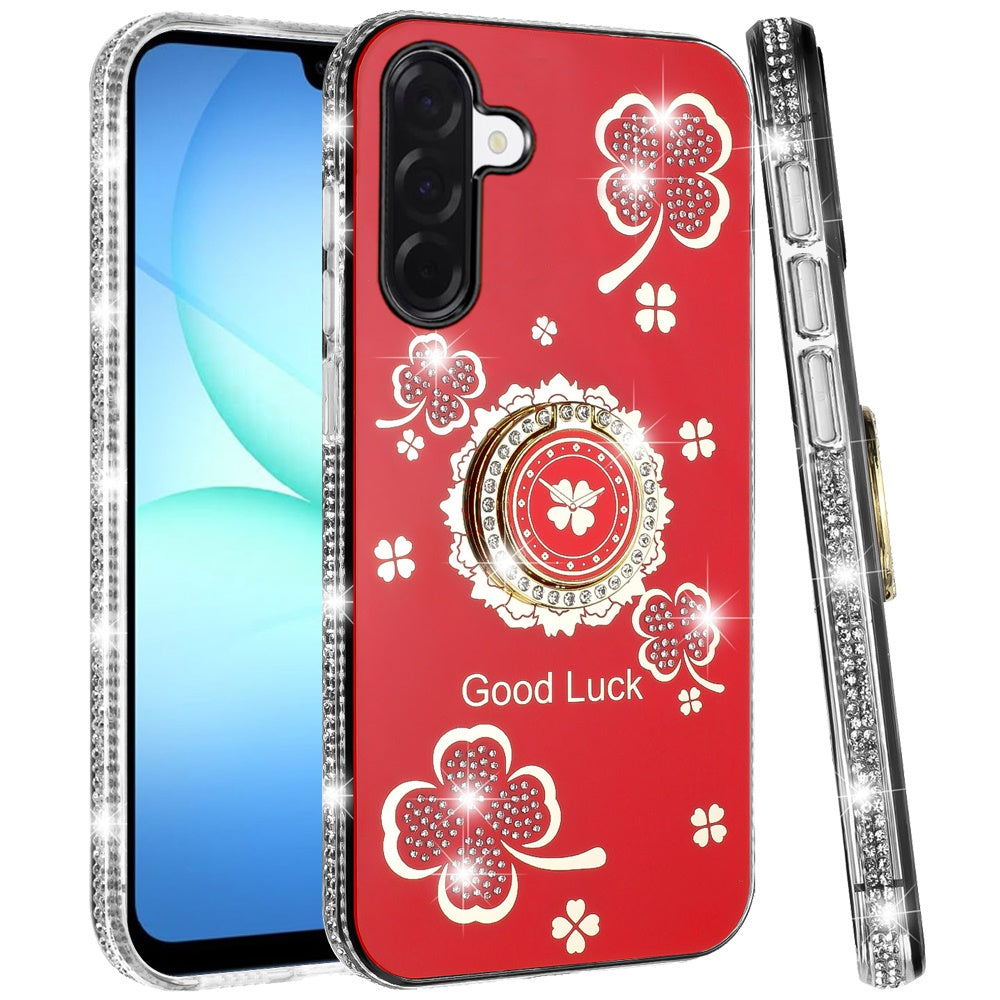 For Samsung Galaxy S25 Fan Edition /Galaxy S25 FE Diamonds Bling All Around Edges Sparkly Glitter Hybrid with Ring Stand Holder Fashion Good Luck Case Cover Red