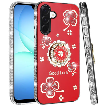 For Samsung Galaxy S25 Fan Edition /Galaxy S25 FE Diamonds Bling All Around Edges Sparkly Glitter Hybrid with Ring Stand Holder Fashion Good Luck Case Cover Red