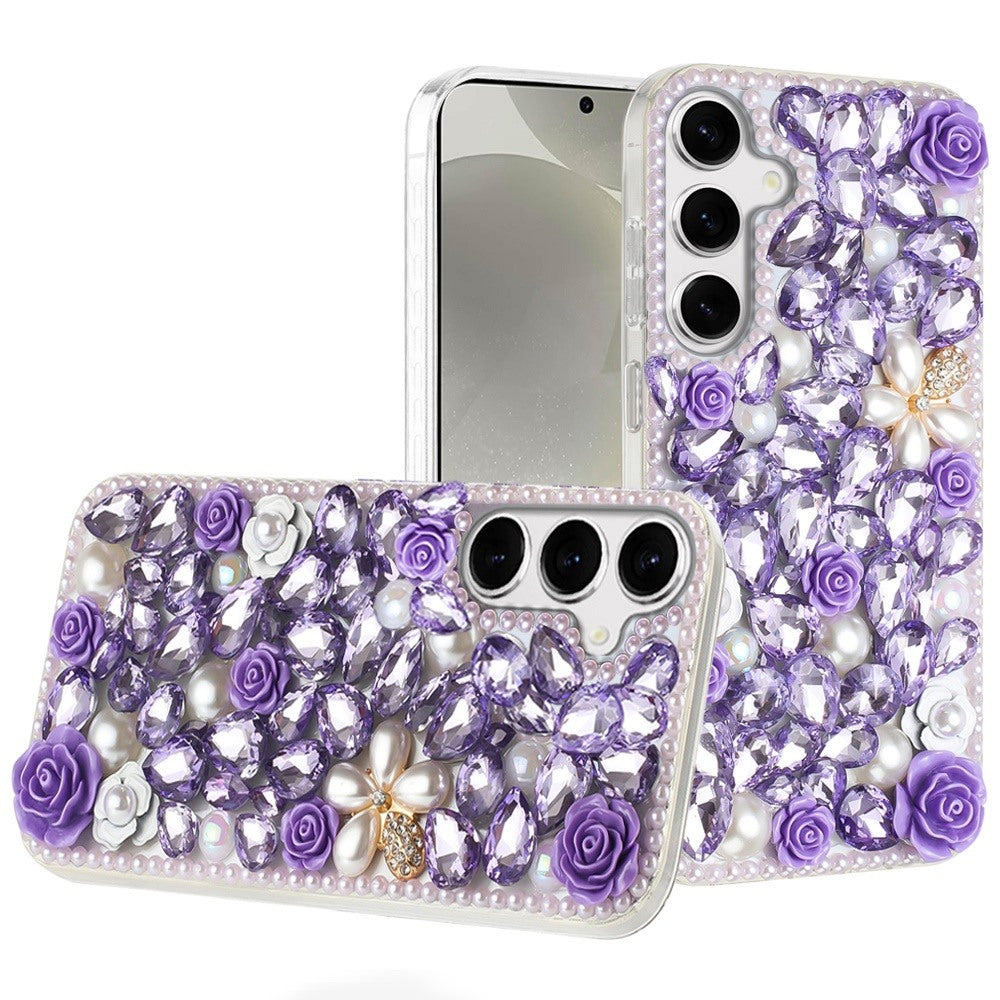 For Apple iPhone 17E /16E Fashion Rose Flower Floral, 3D Bling Crystal Full Diamonds Pearl Sparkle Rhinestone Glitter Hybrid Case Cover Purple