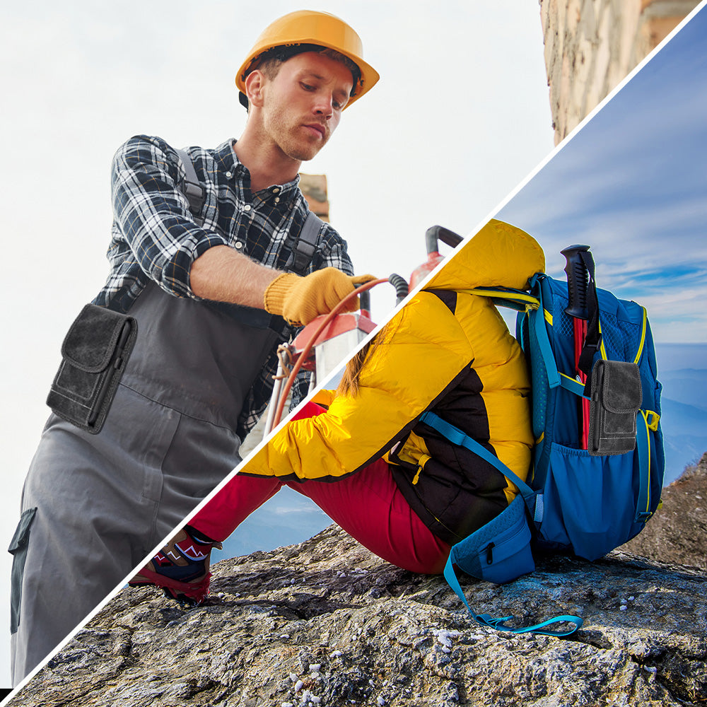 For Apple iPhone 16 Pro (6.3") Universal Vertical Denim Fabric Case Holster with 2 Card Slots, Pen Holder, Belt Clip Loop & Hook Carrying Large Phone Pouch [Black Denim]