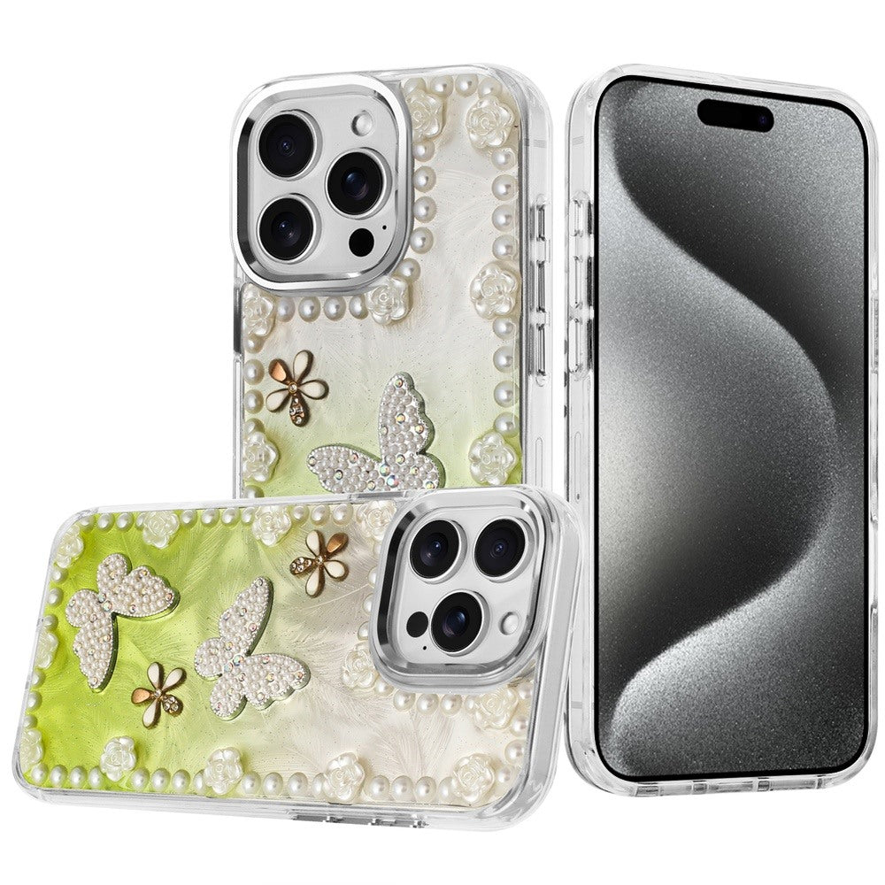 For Samsung Galaxy S26 Bling Fashion Design with 3D Pearls Epoxy Glitter Ornaments Chrome Edge Hard Slim PC Case Cover