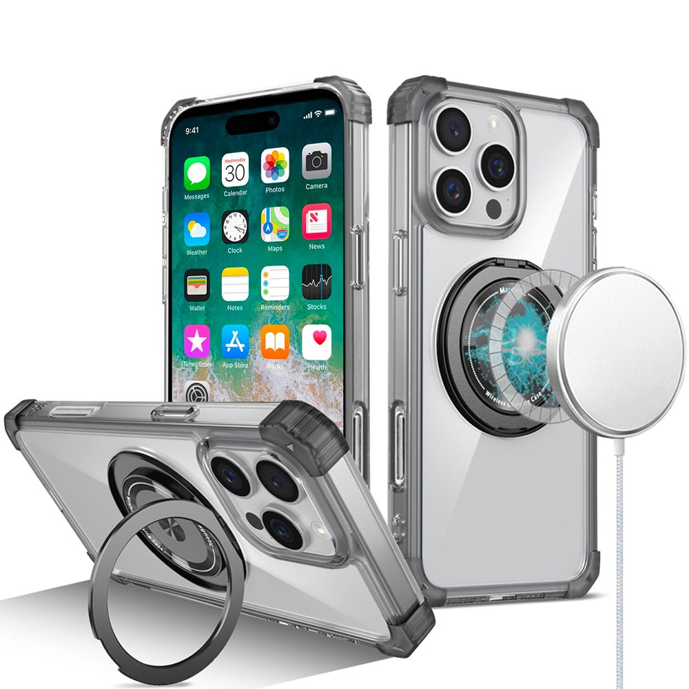 For Apple iPhone 16 (6.1") Magnetic [Compatible with Magsafe] with 360° Rotatable Ring Holder Invisible Stand Transparent Case Cover