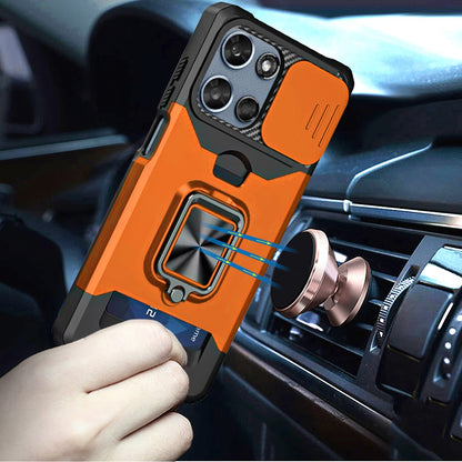 For Motorola Moto G 5G 2026/2025 Wallet Case with Ring Stand & Slide Camera Cover Back Credit Card Slot Holder, Military Grade Case Cover Cosmic Orange