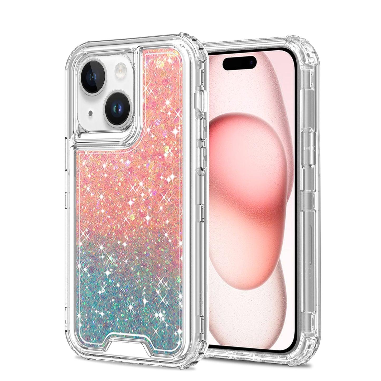 For Apple iPhone 17E /16E Epoxy Bling Glitter Sparkly 3-in-1 Transparent Hybrid Full-Body Shockproof PC Bumper Case Cover Pink + Blue