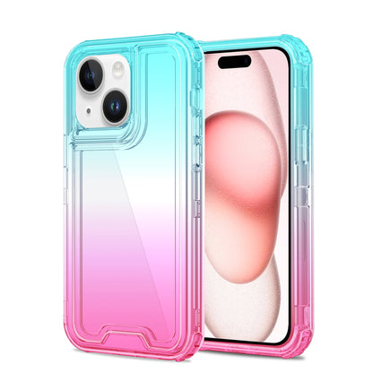 For Apple iPhone 16 (6.1") Hybrid 3in1 Clear Two Color Tone Transparent Shockproof Rubber TPU + Hard Protective Frame Case Cover Blue Teal + Pink
