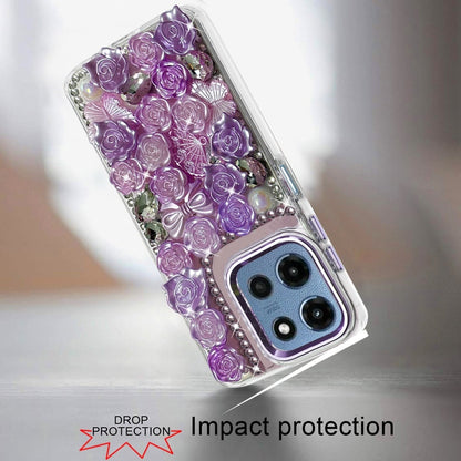 Phone Case for Motorola Moto G 5G 2026 / 2025 3D Flower Bling Rhinestone Glitter Cute Stylish Shockproof Protective Decorative Luxury Grip Stones Ornaments Cover Purple