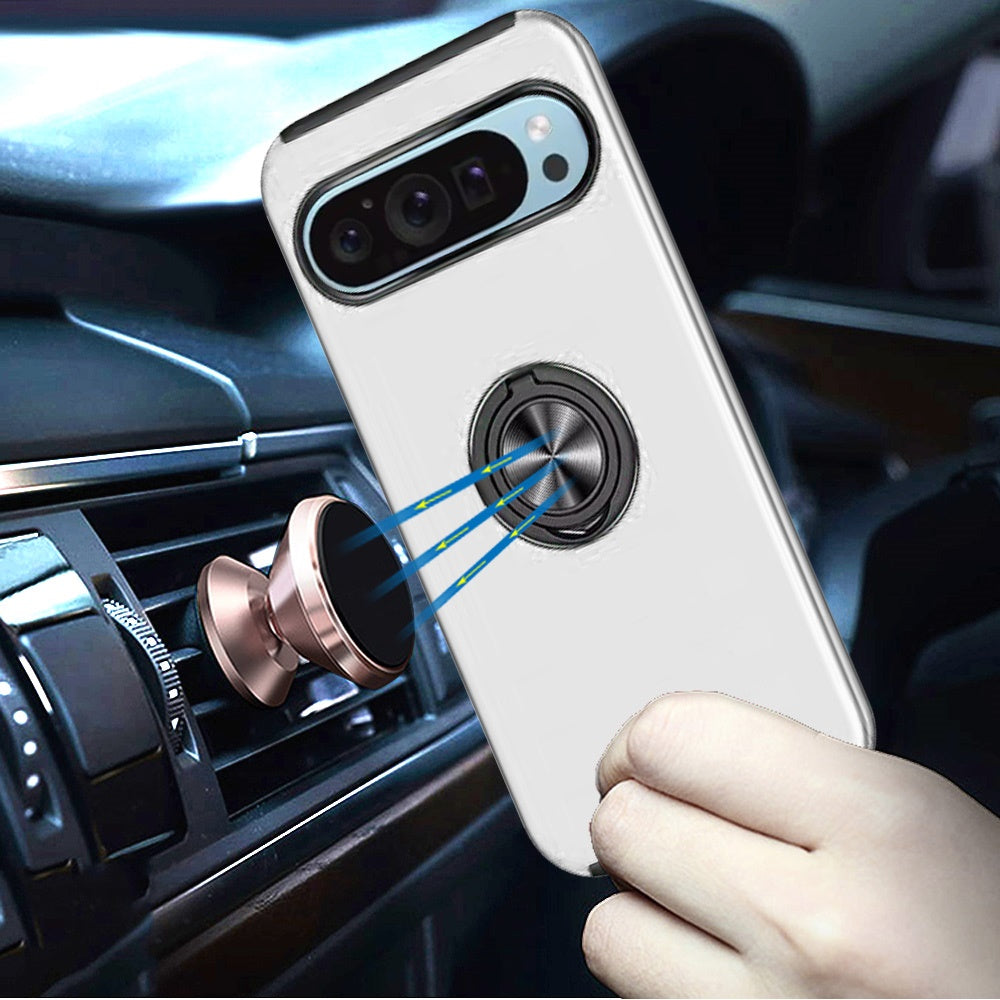 For Google Pixel 9 Pro XL Hybrid 360 Degree Rotatable Metal Invisible Ring Stand Holder Slim Fit Magnetic Car Mount Shockproof Case Cover Black