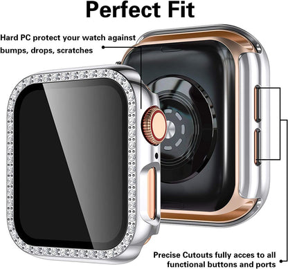 For Apple Watch Size 45mm Luxury Bling Cover Diamond Electroplate Rhinestone Bumper Protective Frame with Tempered Glass Screen Protector Case Cover Clear