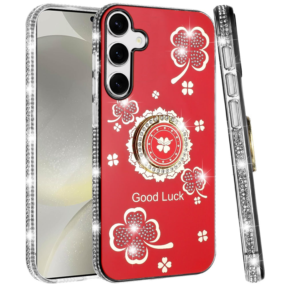 For Samsung Galaxy S25+ /S25 Plus /S24+ Plus Diamonds Bling All Around Edges Sparkly Glitter Hybrid with Ring Stand Holder Fashion Good Luck Case Cover