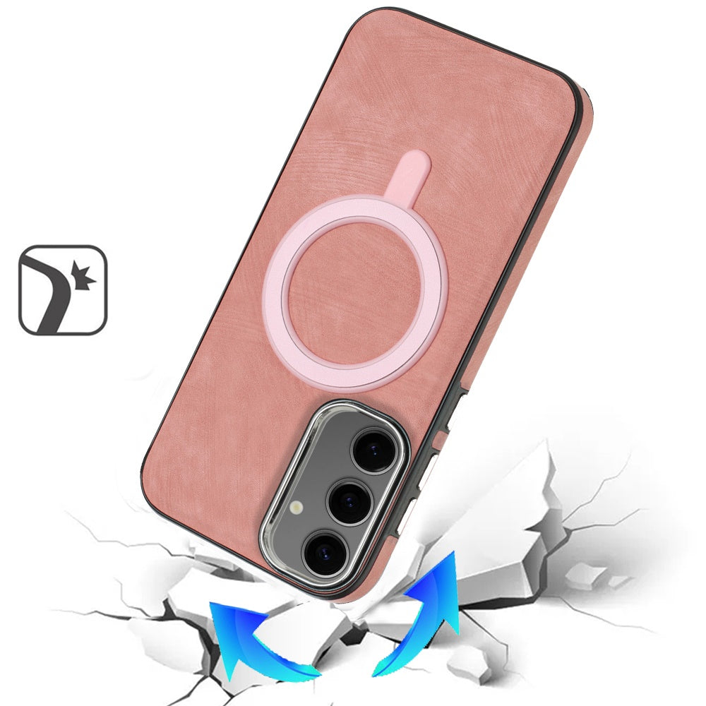 For Samsung Galaxy S25 /S24 Fashion PU Vegan Leather Chrome Edge Hybrid, MagSafe Compatible, Durable TPU Hard PC Case Cover