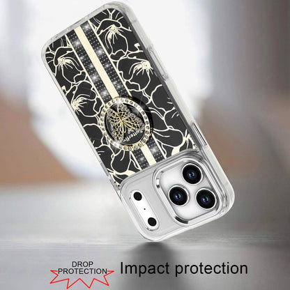 For Apple iPhone 17 Pro Max (6.9") Diamonds 3D Butterfly Floral Design Bling Sparkly Glitter Hybrid Metal Fashion with Ring Stand Case Cover