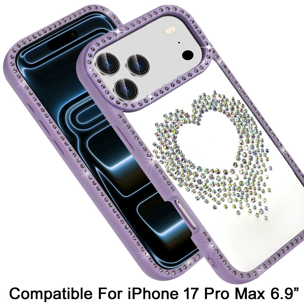 For Apple iPhone 17 Pro Max (6.9") Angel Hearts Glitter Shimmer Diamond Edge Hybrid Drop Protection Shockproof Design Case Cover Purple
