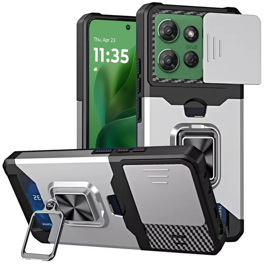 For Motorola Moto G Power 5G 2025 Wallet Case with Ring Stand & Slide Camera Cover Back Credit Card Slot Holder, Military Grade Case Cover Silver