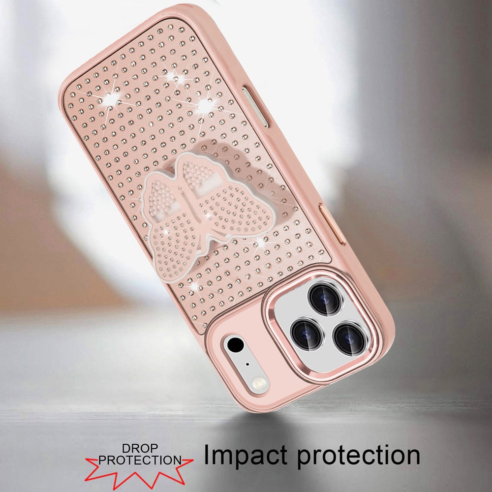 For Apple iPhone 17 Pro (6.3") Butterfly Moveable Grip 3D Pop Stand Full Diamond Bling Sparkling TPU Fashion Hybrid Case Cover
