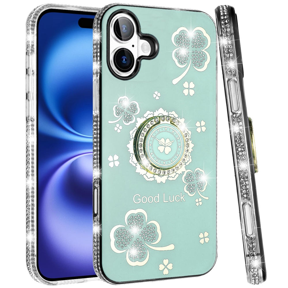 For Apple iPhone 17 (6.3") Diamonds Bling All Around Edges Sparkly Glitter Hybrid with Ring Stand Holder Fashion Good Luck Case Cover
