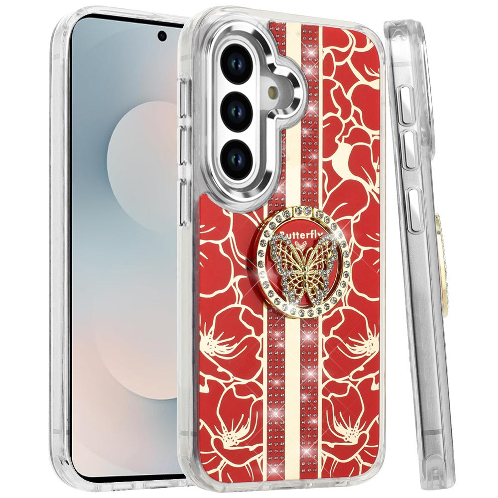 For Samsung Galaxy S26 Diamonds 3D Butterfly Floral Design Bling Sparkly Glitter Hybrid Metal Fashion with Ring Stand Case Cover