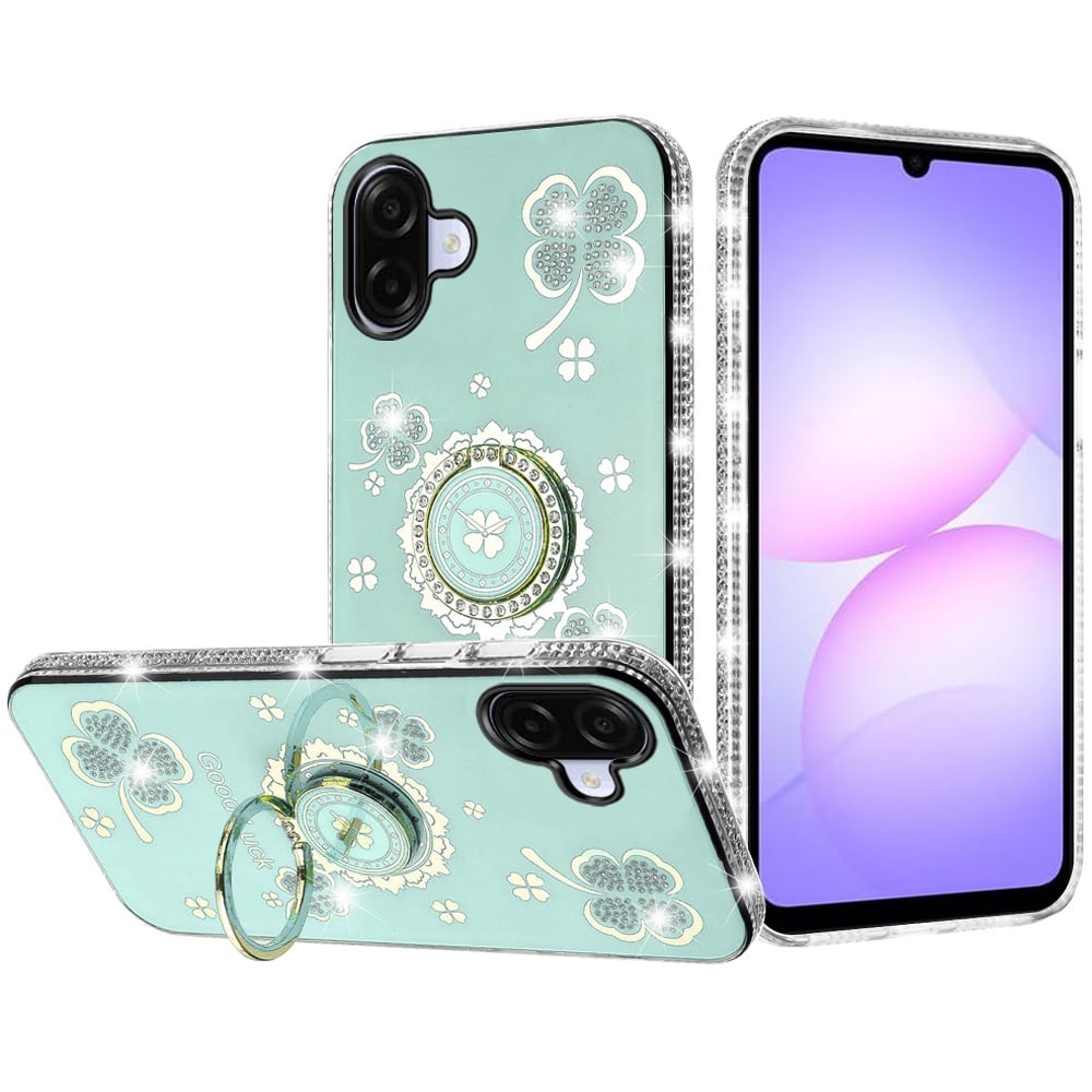 For Samsung Galaxy A07 Diamonds Bling All Around Edges Sparkly Glitter Hybrid with Ring Stand Holder Fashion Good Luck Case Cover
