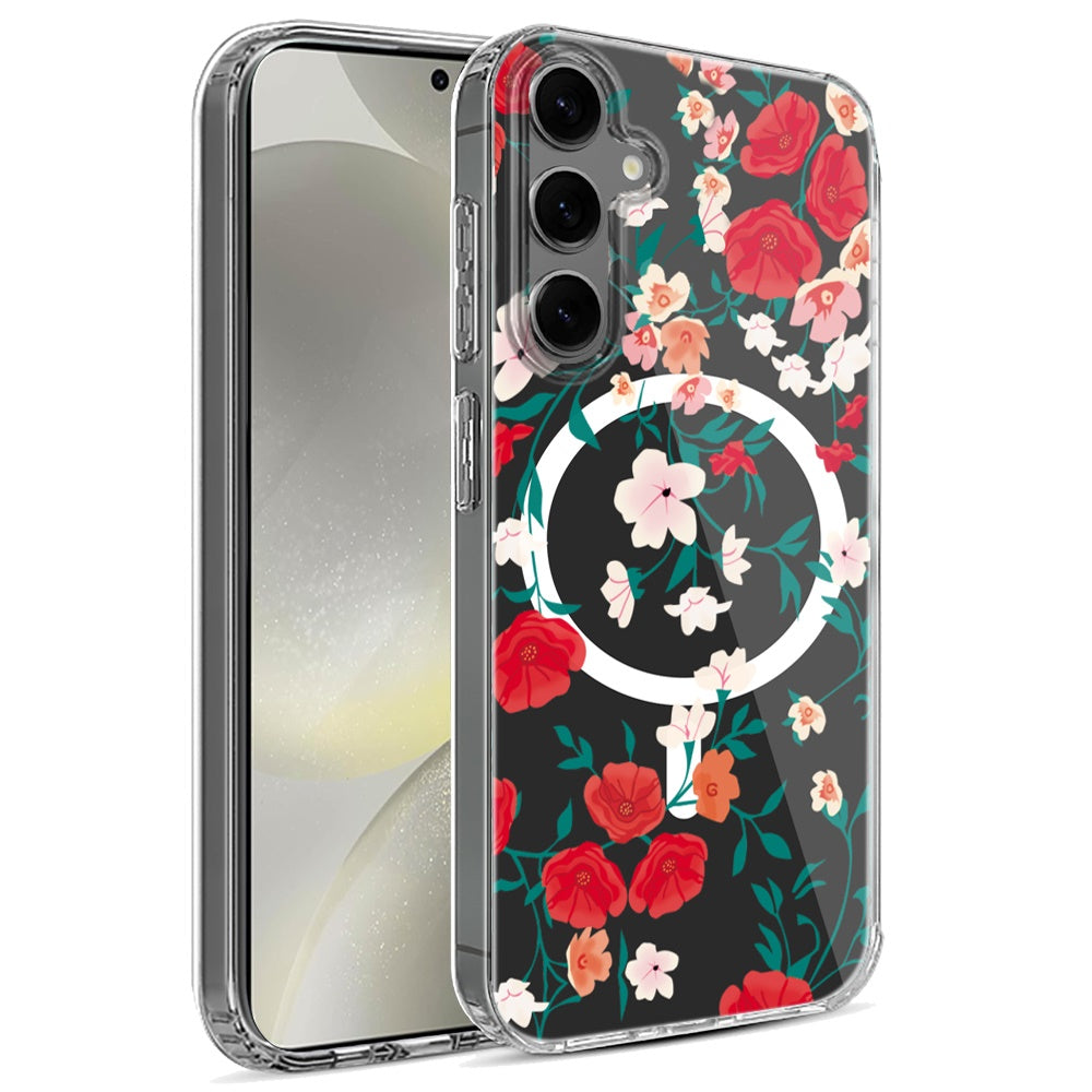 For Samsung Galaxy S25 /S24 Hybrid Flower Design Stylish Fashion Case, MagSafe Compatible, Thick Shockproof Hard PC Case Cover
