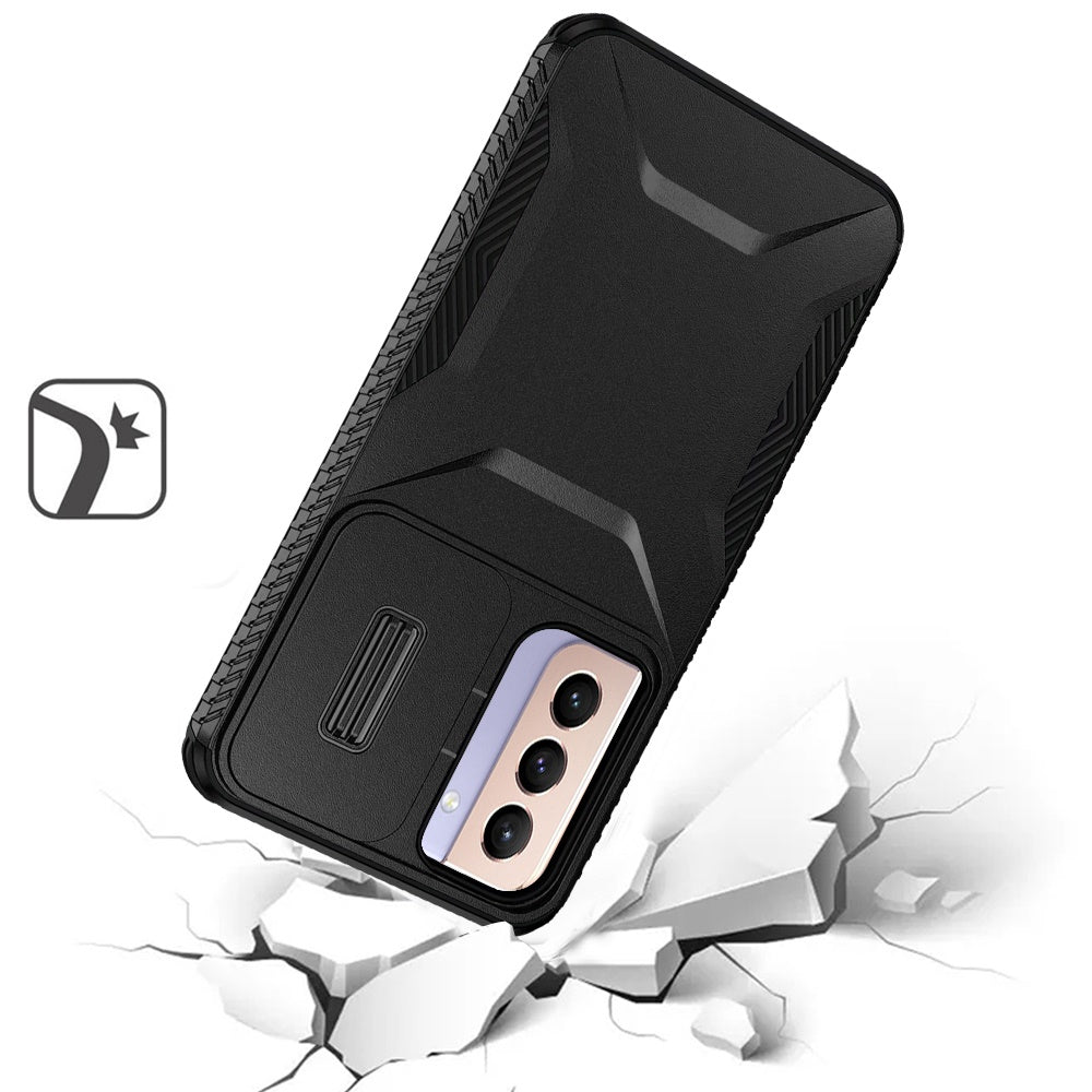 For Samsung Galaxy S21 Slim Fit Shockproof Hybrid with Slide Camera Window Covering, Rugged Tpu Silicone Hard PC Bumper Case Cover Black