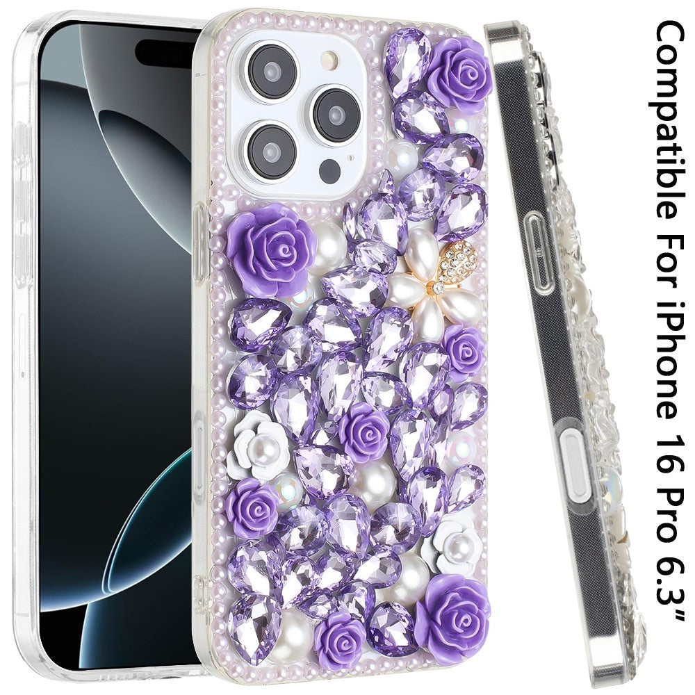 For Apple iPhone 16 Pro (6.3") Fashion Rose Flower Floral Bling Crystal 3D Full Diamonds Pearl Sparkle Rhinestone Glitter Hybrid Case Cover