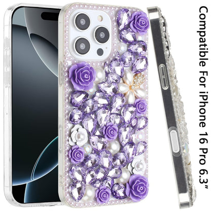 For Apple iPhone 16 Pro (6.3") Fashion Rose Flower Floral Bling Crystal 3D Full Diamonds Pearl Sparkle Rhinestone Glitter Hybrid Case Cover
