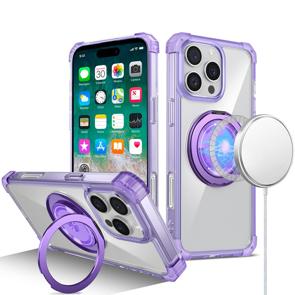 For Apple iPhone 16 Pro Max (6.9") Magnetic [Compatible with Magsafe] with 360° Rotatable Ring Holder Invisible Stand Transparent Case Cover
