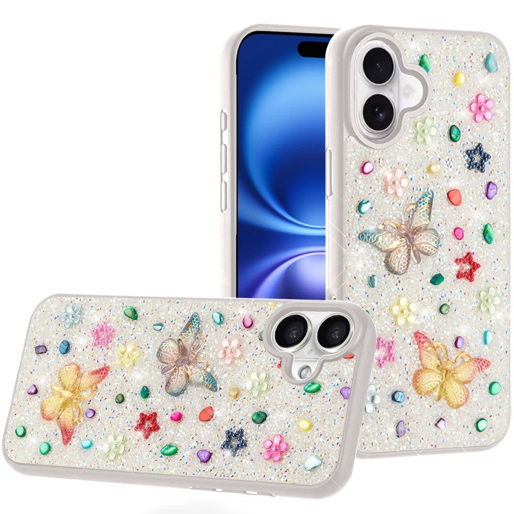For Apple iPhone 17 (6.3") Diamond Butterfly 3D Glitter Bling Design, Slim Hybrid Sparkle Protective Cover TPU for Women Girls Case Cover