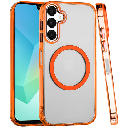 For Samsung Galaxy A16 5G Transparent Back Hybrid Case - Magnetic Circle, Color Frame, Metal Buttons, MagSafe Compatible Case Cover Cosmic Orange