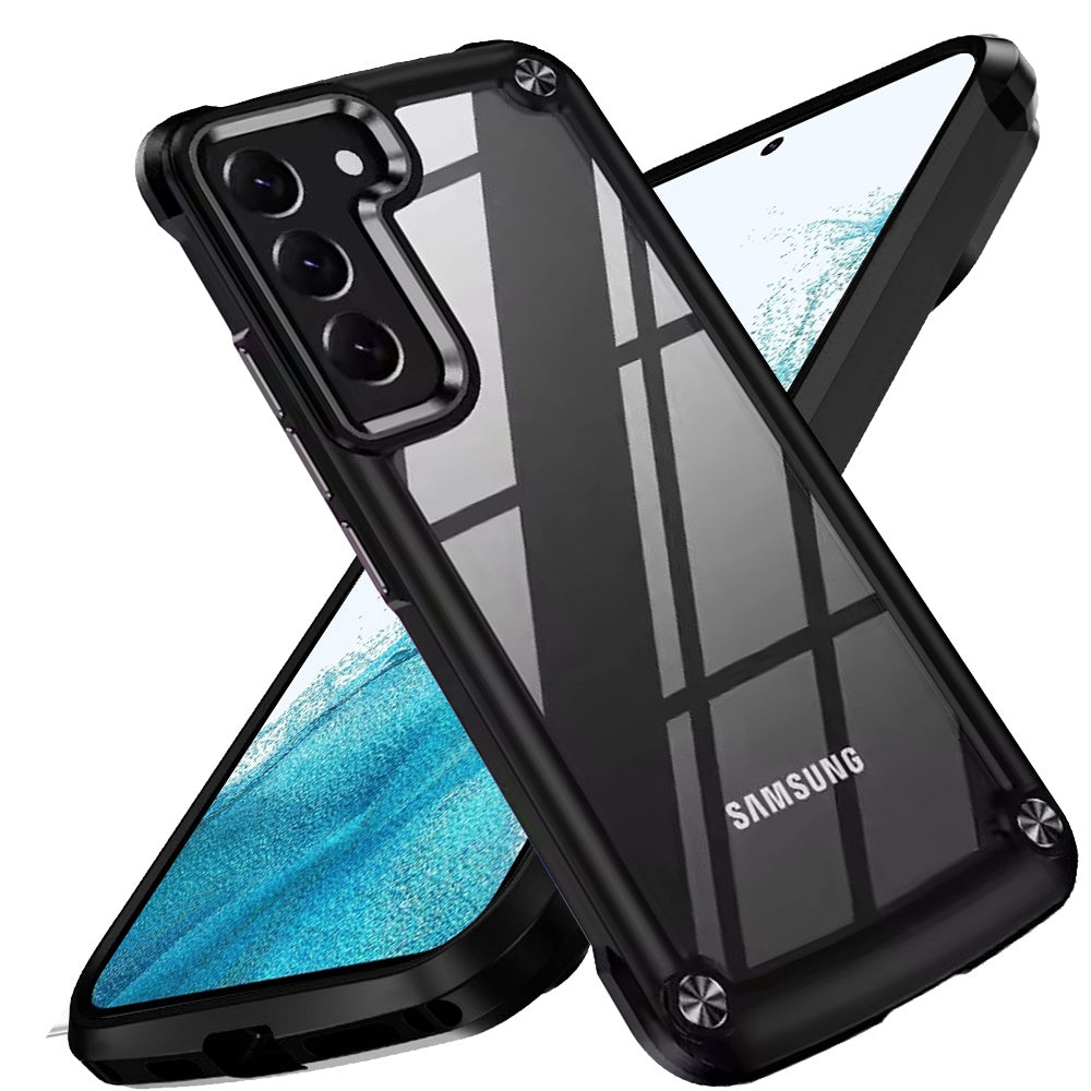 For Samsung Galaxy S22 Hybrid Transparent Rubber with Metal Buttons & Camera Edges Hard TPU Corner Frame Bumper Case Cover