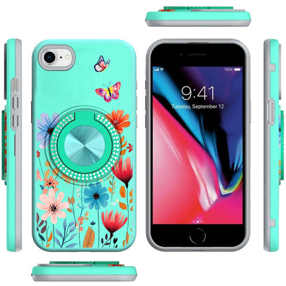 For Apple iPhone SE 3 (2022) SE/8/7 Pattern Design Hybrid with Invisible Ring Stand & Magnetic Back, Shockproof Protective Grip Case Cover