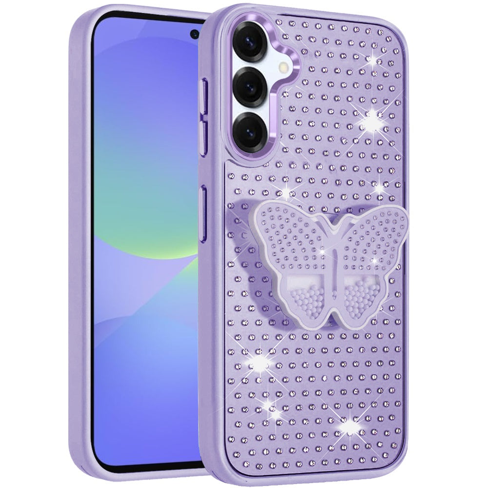 For Samsung Galaxy A36 Butterfly Moveable Grip 3D Pop Stand Full Diamond Bling Sparkling TPU Fashion Hybrid Case Cover